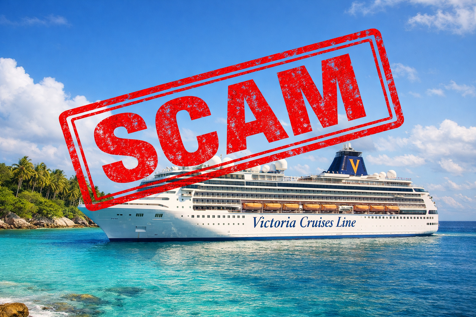 Victoria Cruises Line ship with SCAM stamp — consumer fraud warning